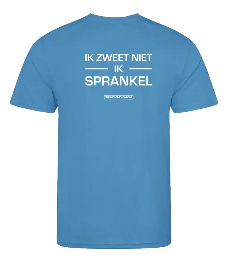 IZNIS-TMB001-SAPP-Back Blauw heren t-shirt met tekst: Ik zweet niet ik sprankel!