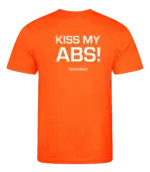 Oranje heren t-shirt met tekst: Kiss my abs!