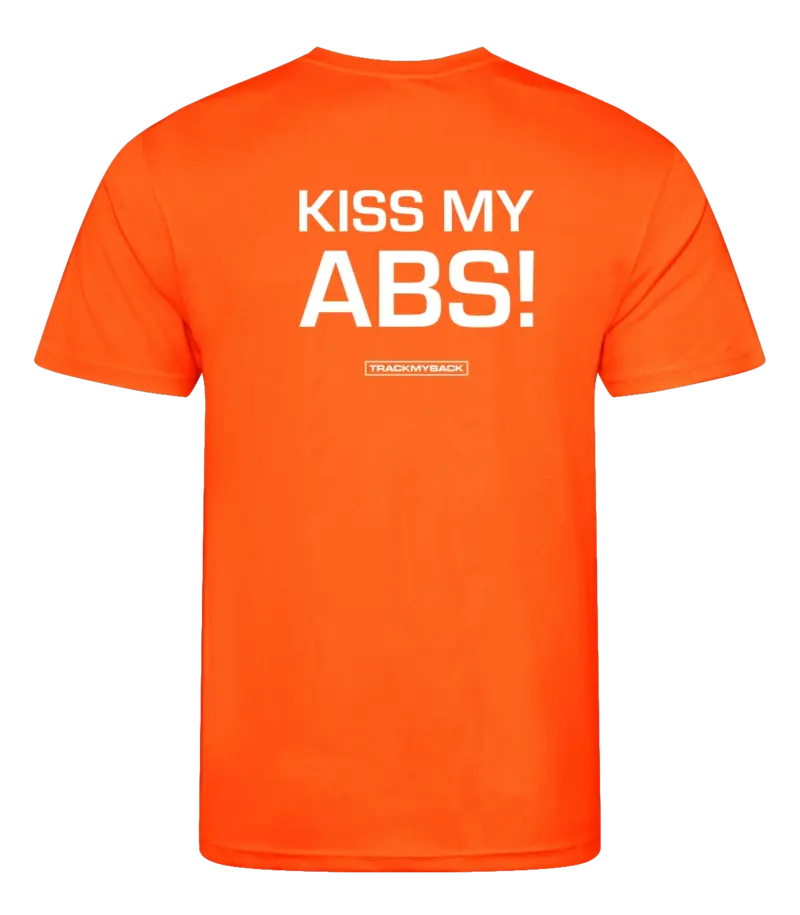 Oranje heren t-shirt met tekst: Kiss my abs!