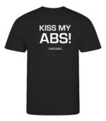 Zwart heren t-shirt met tekst: Kiss my abs!