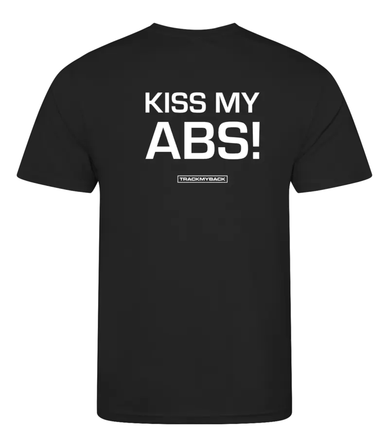 Zwart heren t-shirt met tekst: Kiss my abs!