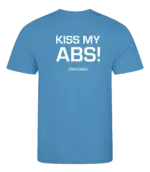 Blauw heren t-shirt met tekst: Kiss my abs!