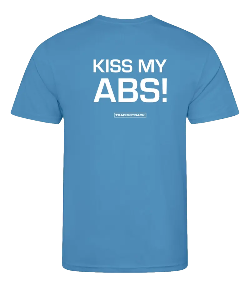 Blauw heren t-shirt met tekst: Kiss my abs!