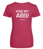 Pink dames t-shirt met tekst: Kiss my abs!