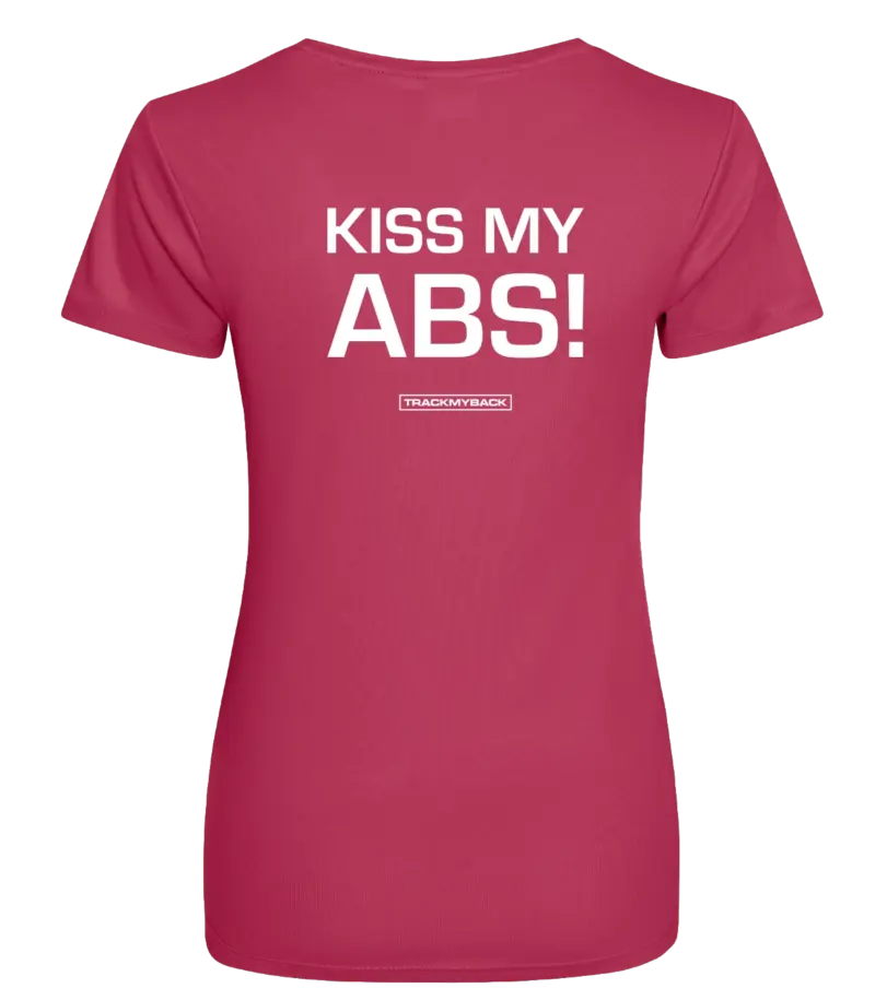 Pink dames t-shirt met tekst: Kiss my abs!