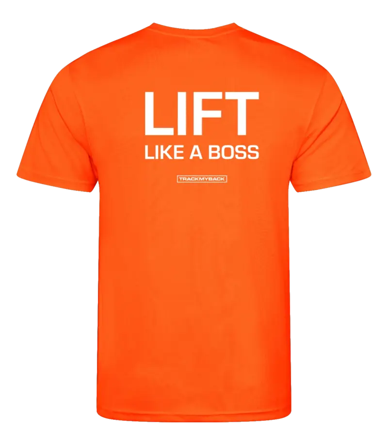 Oranje heren t-shirt met tekst: Lift like a boss