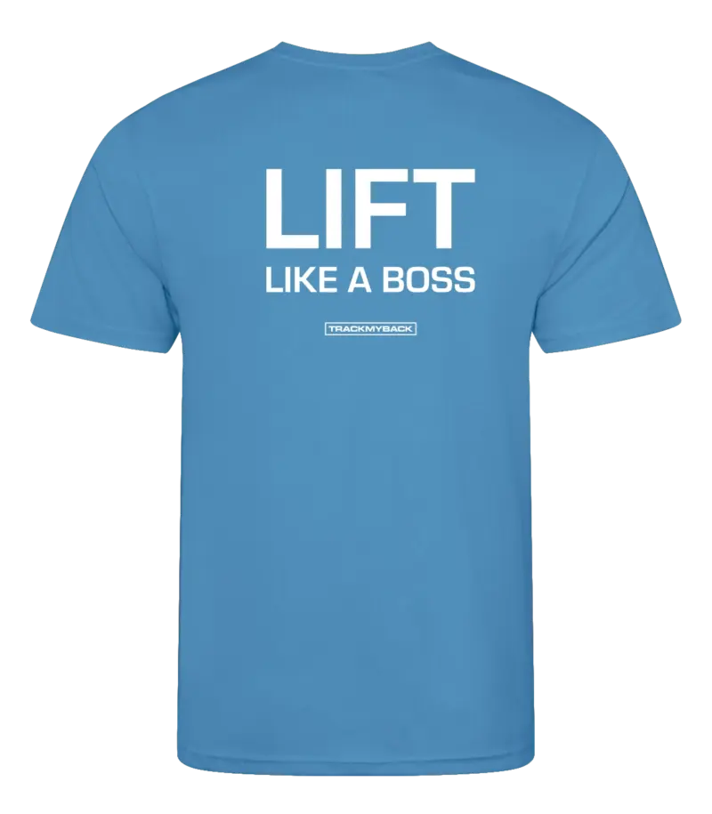 Blauw heren t-shirt met tekst: Lift like a boss