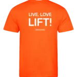 Oranje heren t-shirt met tekst: Live Love Lift