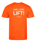 Oranje heren t-shirt met tekst: Live Love Lift