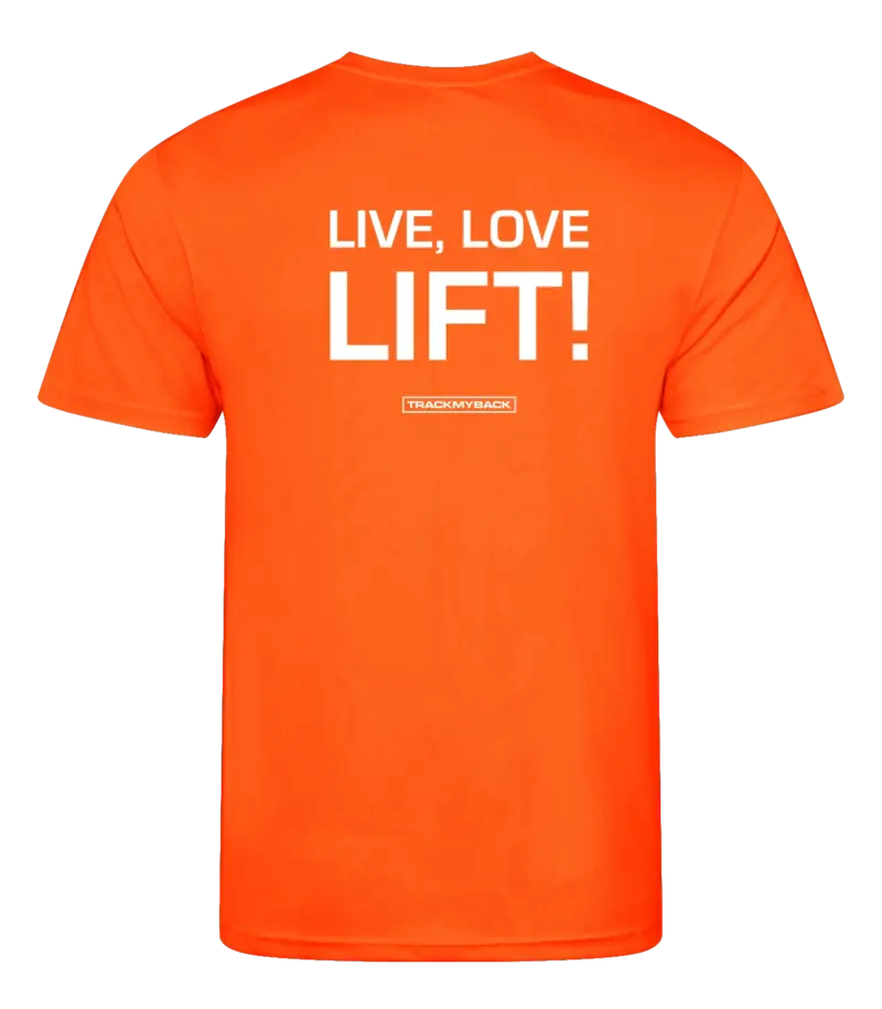 LLL-TMB001-EORA-Back Oranje heren t-shirt met tekst: Live Love Lift