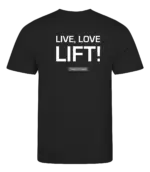 Zwart heren t-shirt met tekst: Live Love Lift