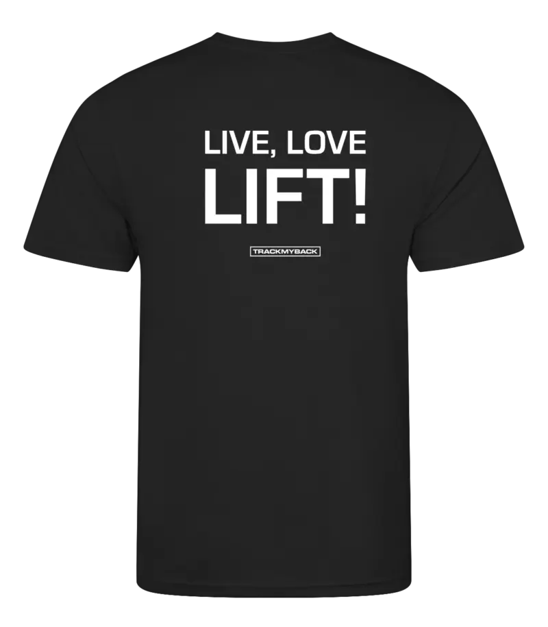 Zwart heren t-shirt met tekst: Live Love Lift