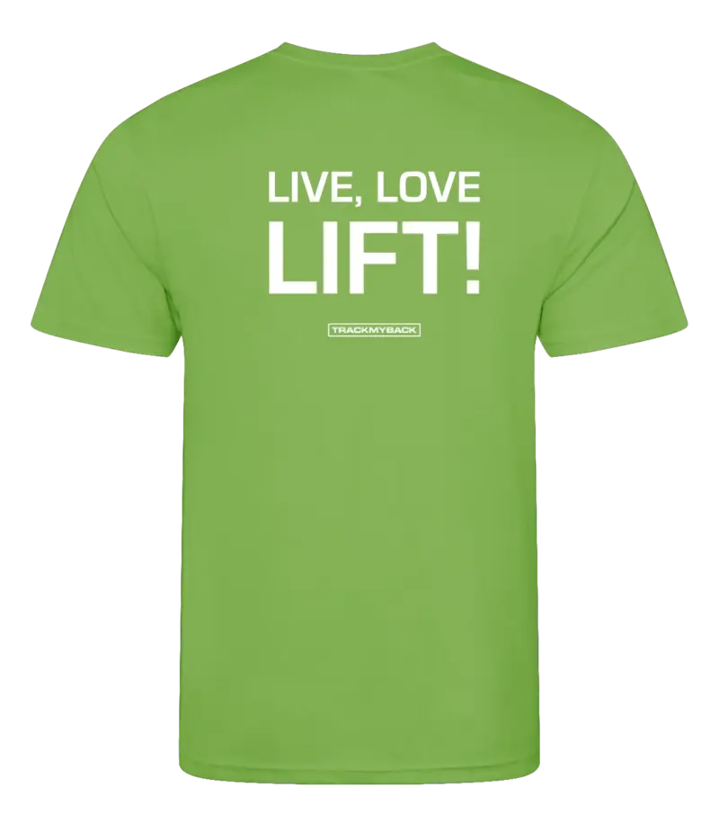 Lime heren t-shirt met tekst: Live Love Lift