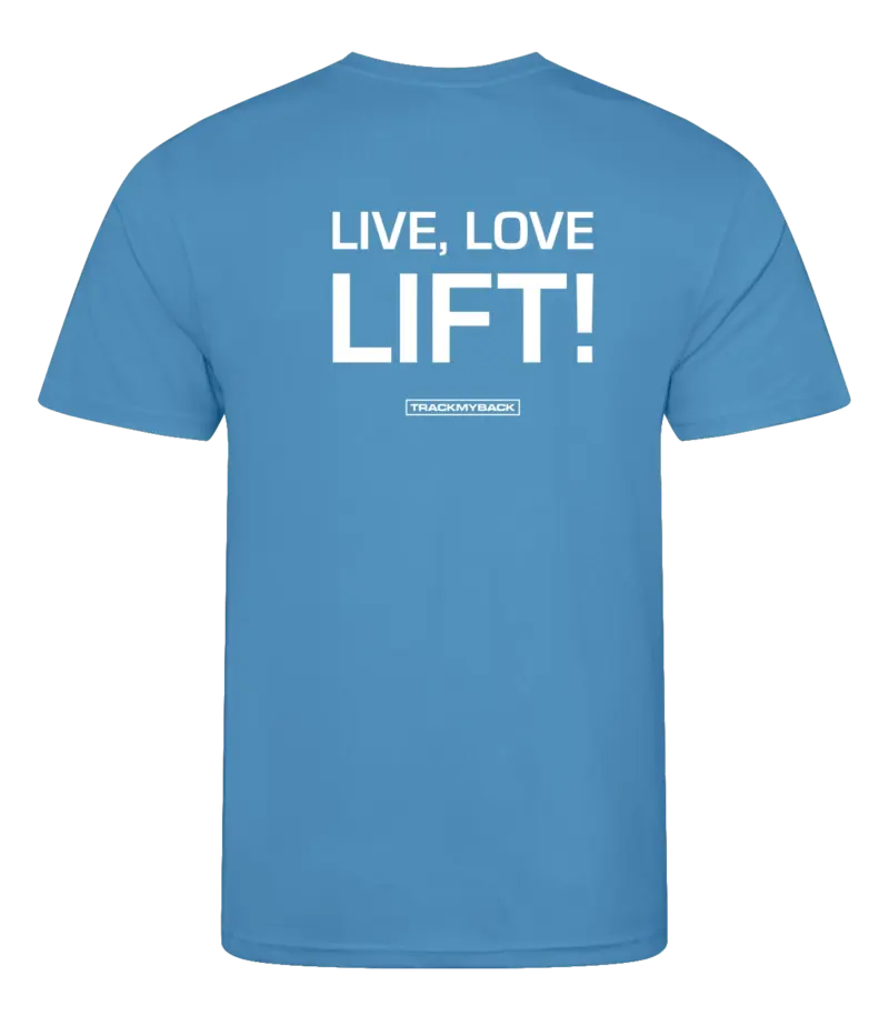 Blauw heren t-shirt met tekst: Live Love Lift