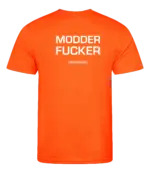 Oranje heren t-shirt met tekst: Modder fucker