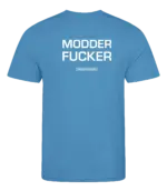 Blauw heren t-shirt met tekst: Modder fucker