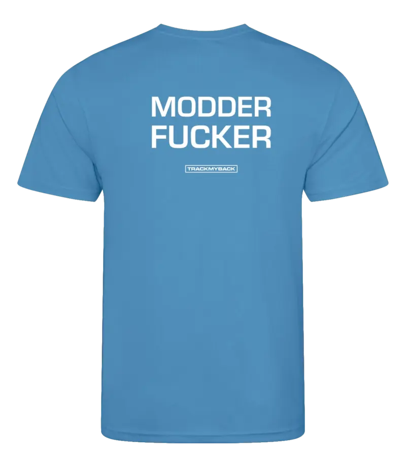 Blauw heren t-shirt met tekst: Modder fucker