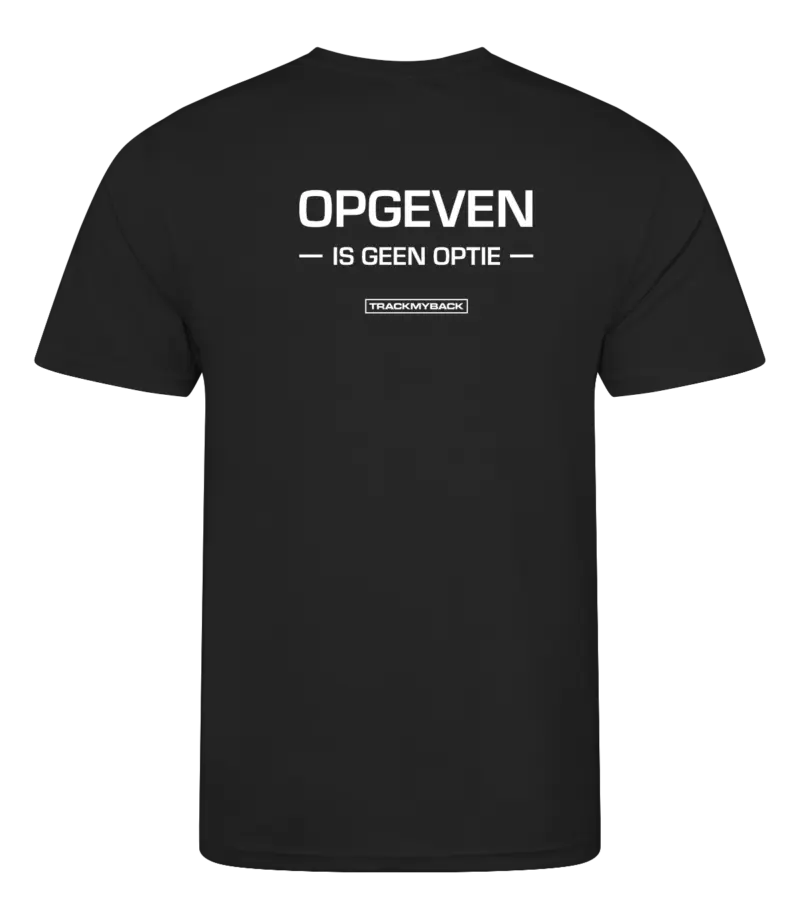 Zwart heren t-shirt met tekst: Opgeven is geen optie