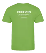 Lime heren t-shirt met tekst: Opgeven is geen optie