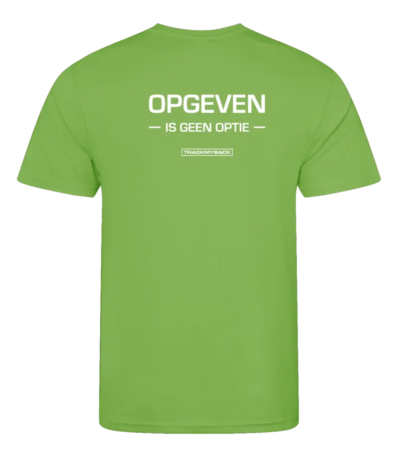 Lime heren t-shirt met tekst: Opgeven is geen optie