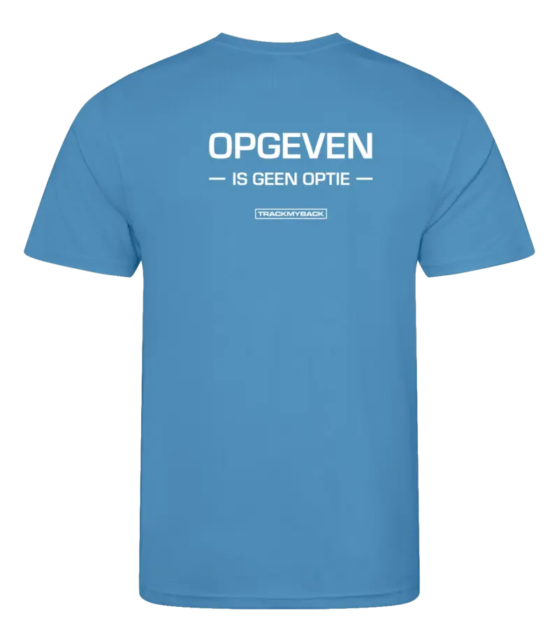 Blauw heren t-shirt met tekst: Opgeven is geen optie