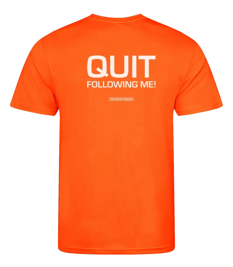 QFM-TMB001-EORA-Back Oranje heren t-shirt met tekst: Quit following me!