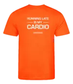 Oranje heren t-shirt met tekst: Running late is my cardio