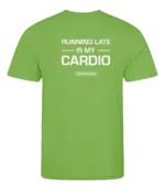 Lime heren t-shirt met tekst: Running late is my cardio