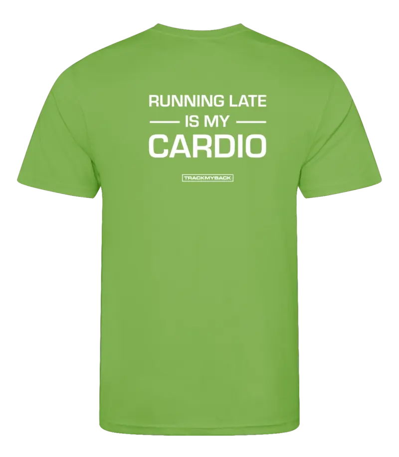 Lime heren t-shirt met tekst: Running late is my cardio