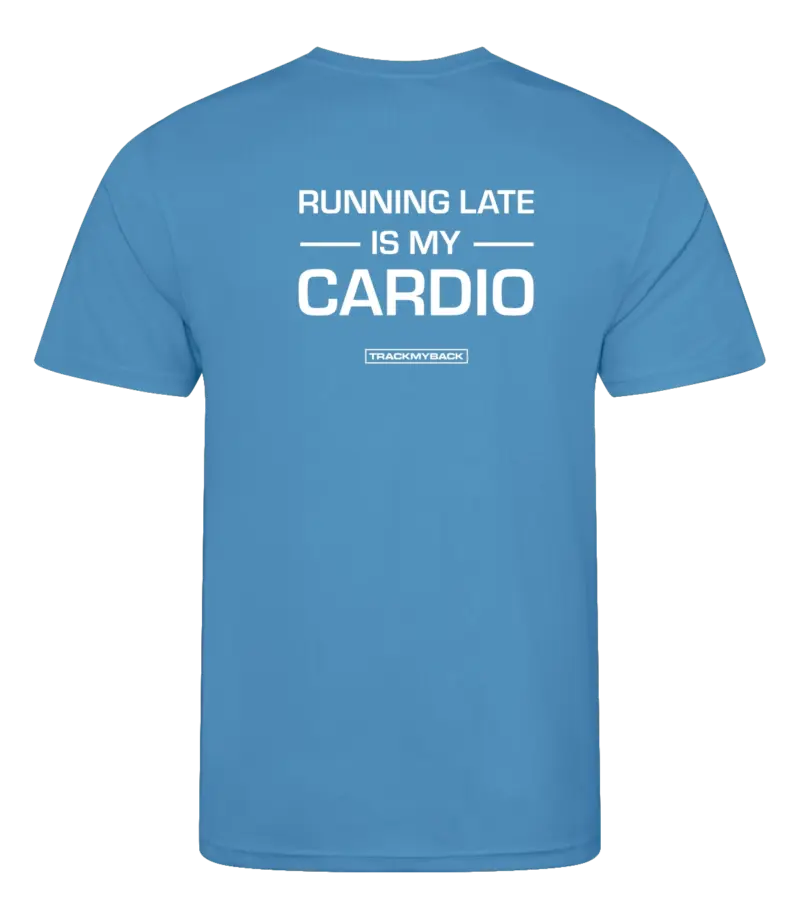Blauw heren t-shirt met tekst: Running late is my cardio