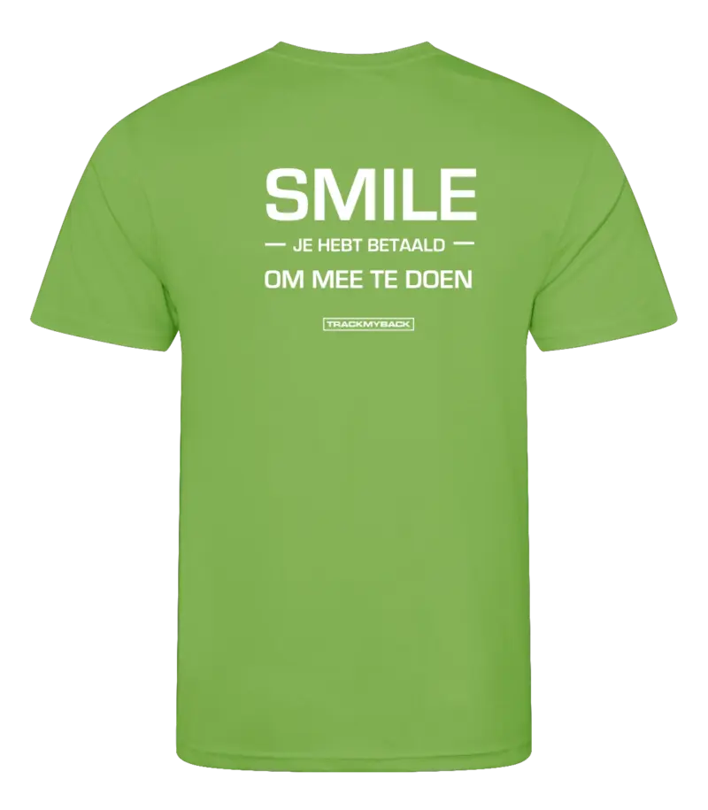 SJHBOMTD-TMB001-LIME-Back Lime heren t-shirt met tekst: Smile je hebt betaald om mee te doen