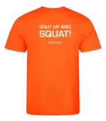 Oranje heren t-shirt met tekst: Shut up and squat
