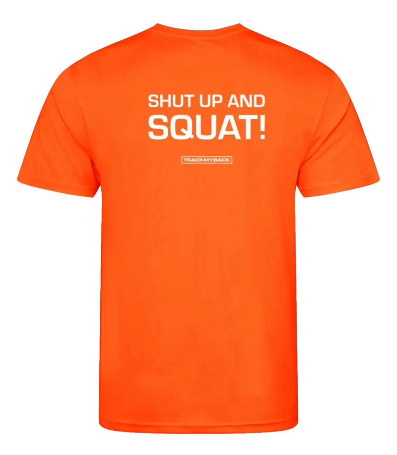 SUAS-TMB001-EORA-Back Oranje heren t-shirt met tekst: Shut up and squat
