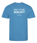 Blauw heren t-shirt met tekst: Shut up and squat