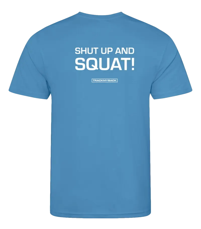 SUAS-TMB001-SAPP-Back Blauw heren t-shirt met tekst: Shut up and squat