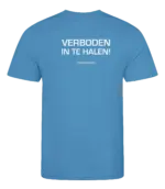 Blauw heren t-shirt met tekst: Verboden in te halen