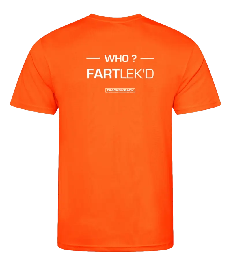WFLKD-TMB001-EORA-Back Oranje heren t-shirt met tekst: Who FARTlek'd?