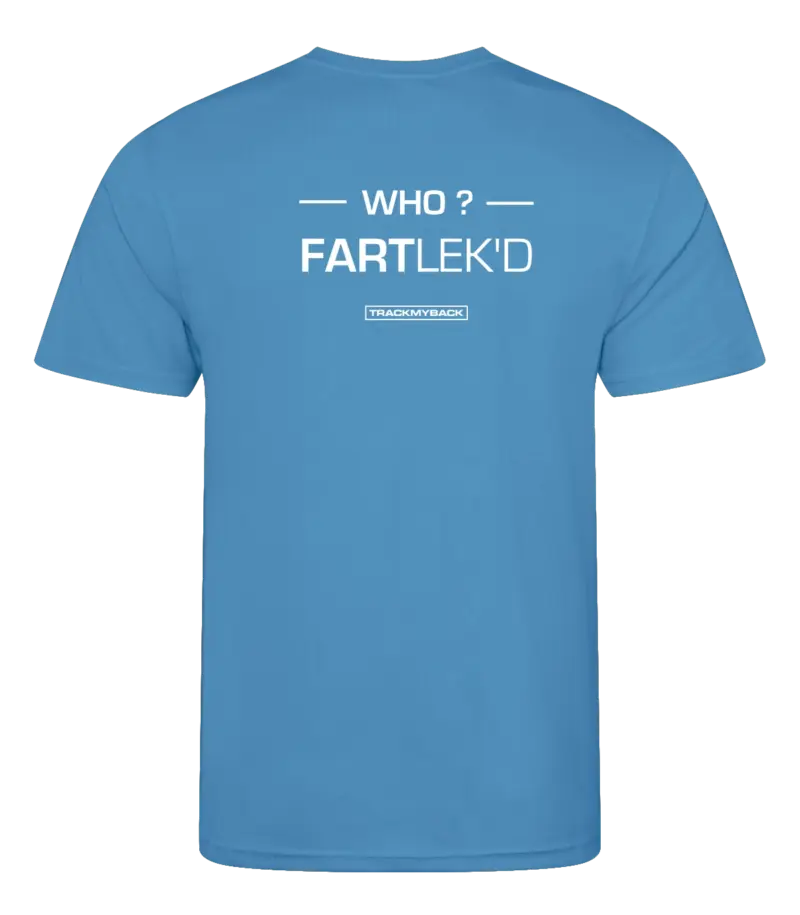 WFLKD-TMB001-SAPP-Back Blauw heren t-shirt met tekst: Who FARTlek'd?