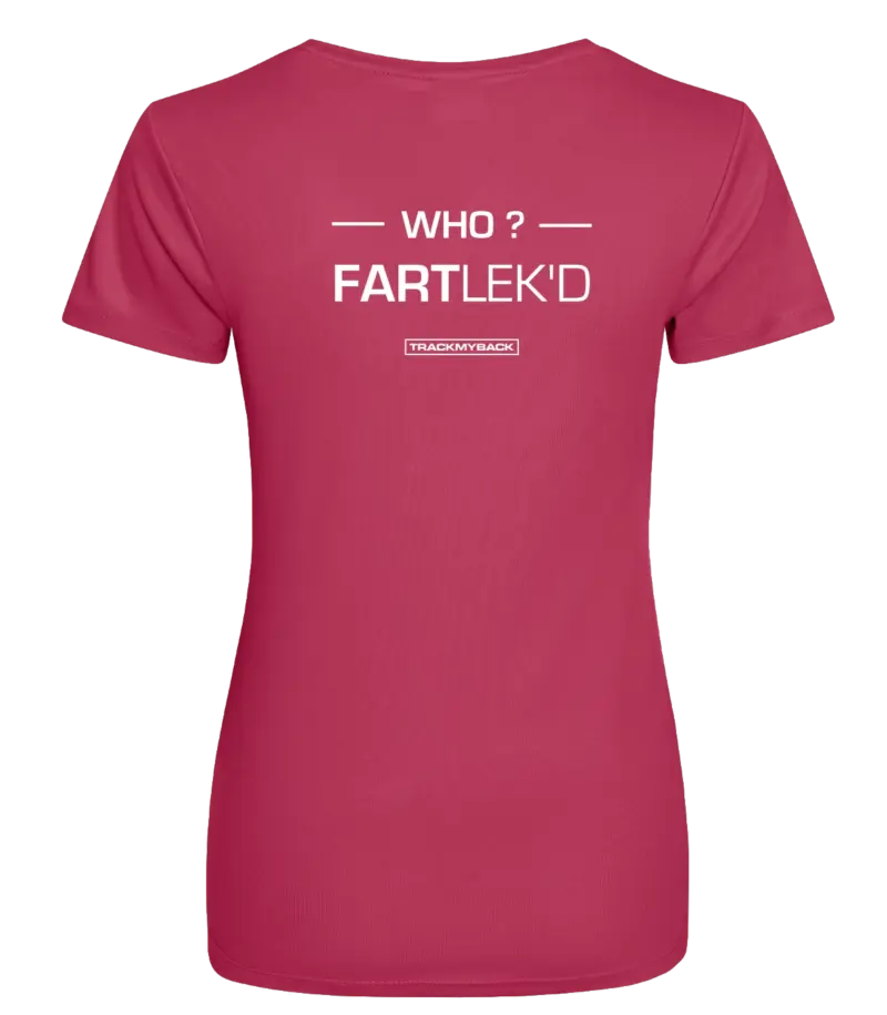 WFLKD-TMB005-HOPK-Back Pink dames t-shirt met tekst: Who FARTlek'd?