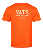 Oranje heren t-shirt met tekst: W.T.F. where is the finish?