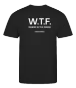 Zwart heren t-shirt met tekst: W.T.F. where is the finish?