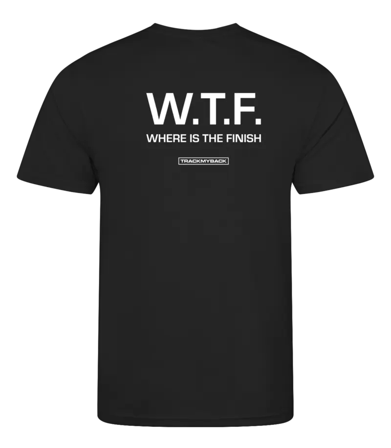 WTF-TMB001-JBLA-Back Zwart heren t-shirt met tekst: W.T.F. where is the finish?