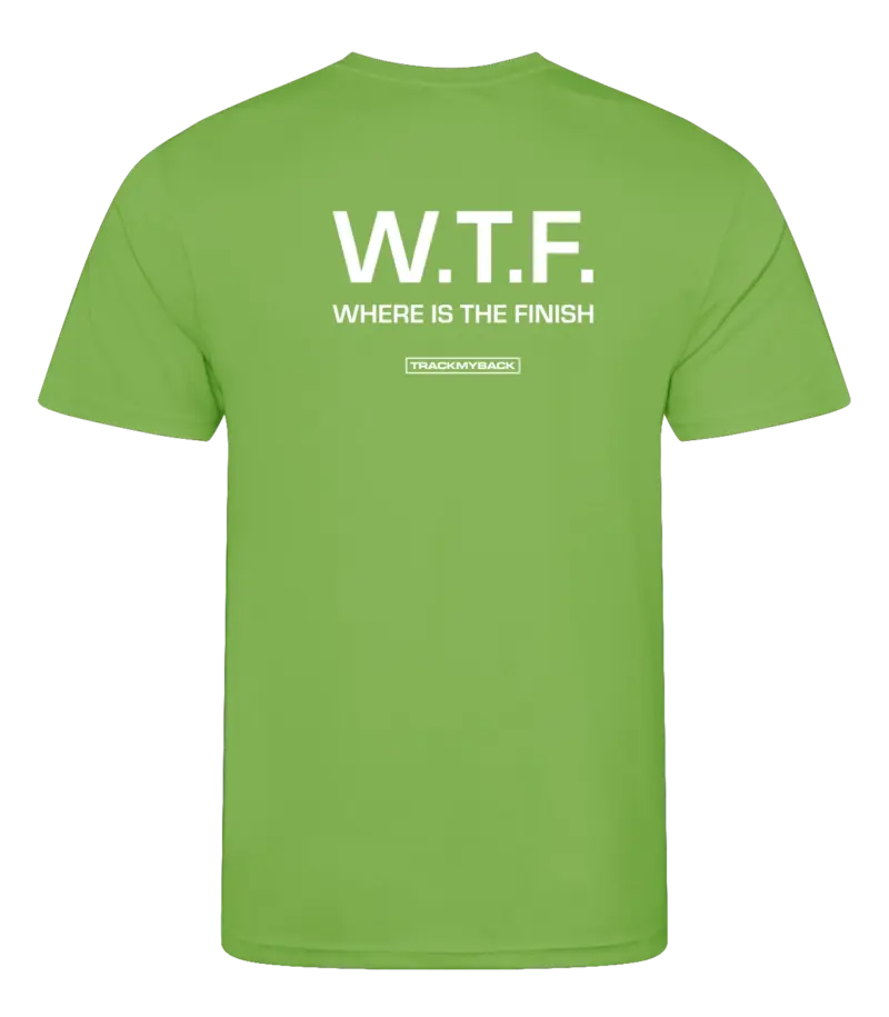 Lime heren t-shirt met tekst: W.T.F. where is the finish?