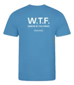 Blauw heren t-shirt met tekst: W.T.F. where is the finish?