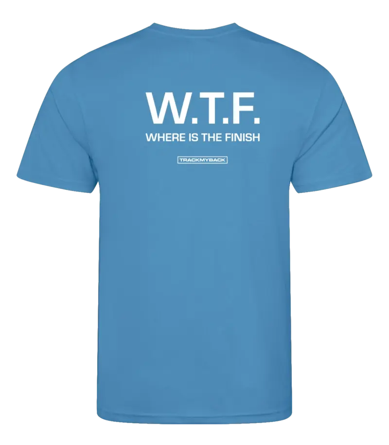 Blauw heren t-shirt met tekst: W.T.F. where is the finish?