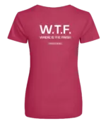 Pink dames t-shirt met tekst: W.T.F. where is the finish?
