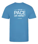 Blauw heren t-shirt met tekst: Your pace or mine?