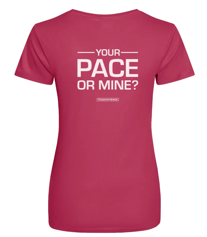 YPOM-TMB005-HOPK-Back Pink dames t-shirt met tekst: Your pace or mine?